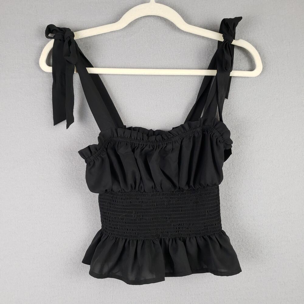 Forever 21 Size S Bow Strap Smocked Ruffle Blouse Black Mystical Renaissance